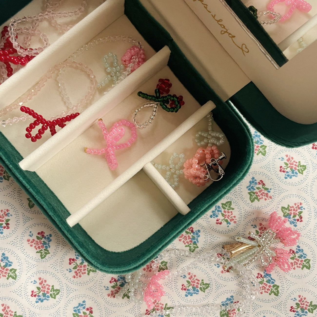 All I Wish For Velvet Cherry Jewellery Box + Beaded Set (Bottle Green)